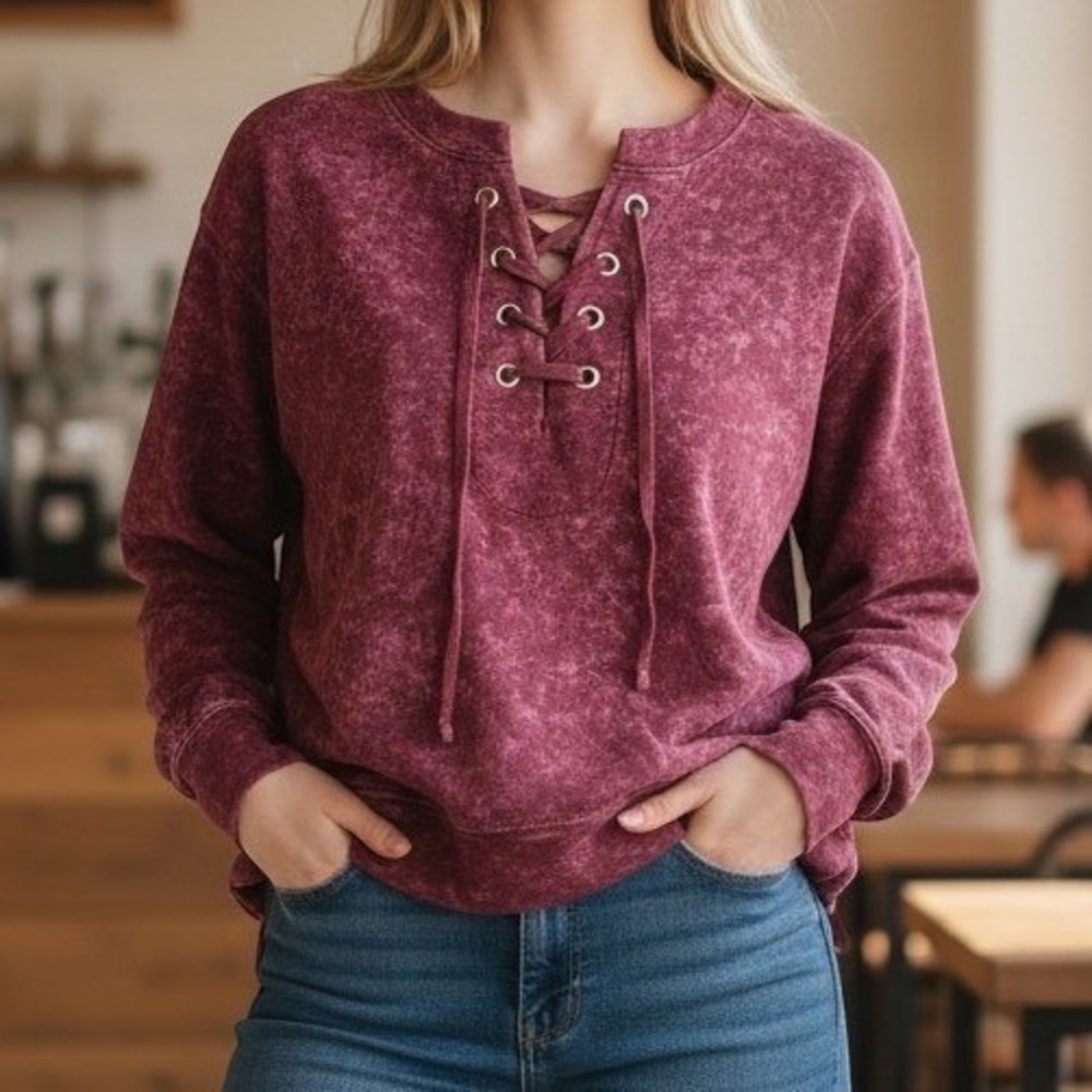 Mudd Lace Up Pullover Sweatshirt Womens XS Burgundy Acid Wash Indie